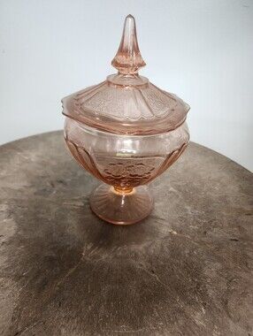 Vintage Pink Pressed Glass Covered Candy Dish